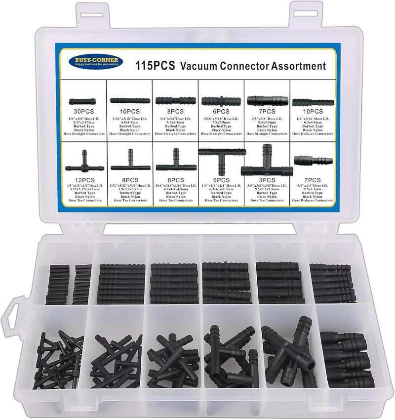 BUSY-CORNER Vacuum Connector Assortment Heat Resistance 240℃（460℉）Automotive Vacuum Tubing Connector Vacuum Tee Connector Assortment Kit Nylon 115 Pieces - Image 1
